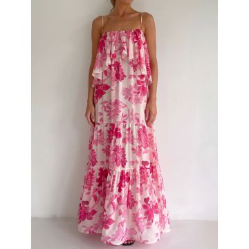 Vibrant Floral Square Neck Resort Tiered Ruffle Slip Maxi Dress