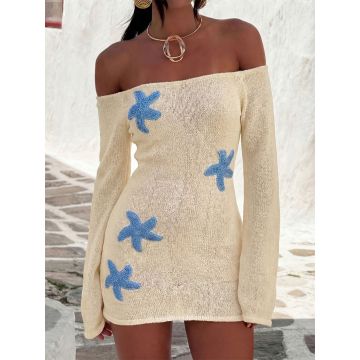 Starfish Applique Off Shoulder Resort Bell Sleeve Knit Mini Dress