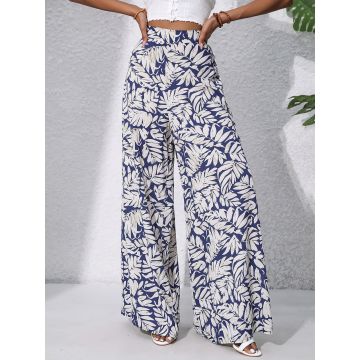 Tropical Leaf High Waisted Wide Leg Resort Chiffon Palazzo Pants