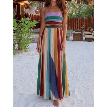 Colorful Rainbow Stripe Strapless High Waist Resort Pleated Maxi Dr…