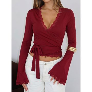 Feminine Scalloped Lace Long Sleeve Resort Tie Waist Wrap Top