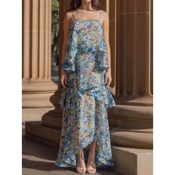 Ethereal Square Neck Tiered Ruffle Resort Floral Slip Maxi Dress