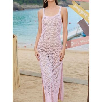 Wavy Open Knit High Split Sleeveless Beach Crochet Midi Dress