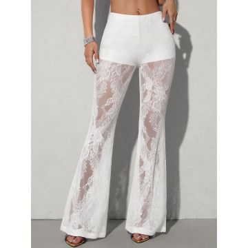 Feminine Solid Color High Waist Fit and Flare Resort Floral Lace Pa…
