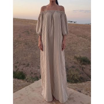 Retro Off Shoulder Puff Sleeve Oversized Lined Cotton Striped Maxi…