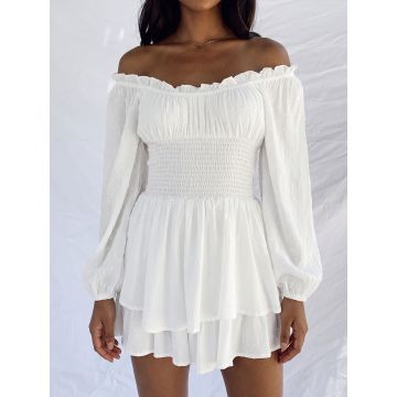 Playful Ruffle Off Shoulder Smocked Bishop Sleeve Resort Tiered Rom…