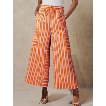 Vibrant Striped Tie High Waist Cargo Pocket Resort Wide Leg Pants