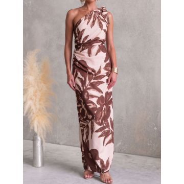 Tropical Tie One Shoulder Ruched Column Resort Printed Maxi Dress
