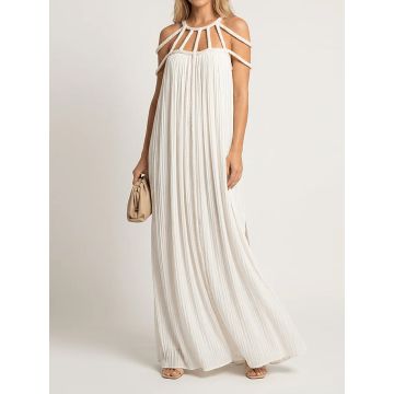 Resort Cage Neck Braided Wrap Tie Cutout Back Pleated Maxi Dress