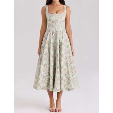 Romantic Square Neck Lace Up Back Resort Floral Midi Sundress