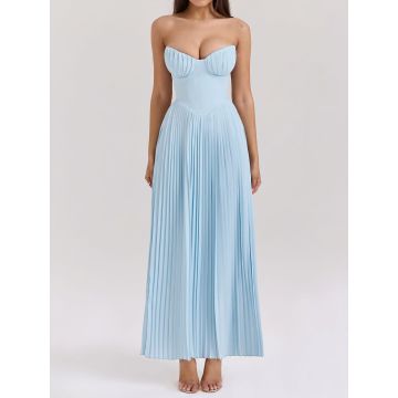 Elegant Bustier Strapless Fit Flare Drop Waist Resort Pleated Midi…