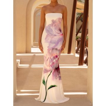 Vibrant Ombre Floral a Line Summer Resort Strapless Maxi Dress
