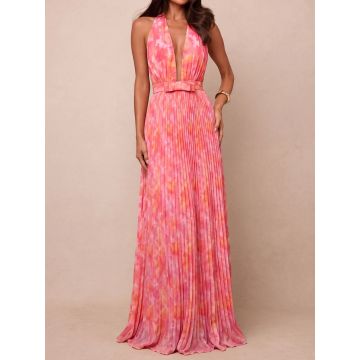 Watercolor Plunge Halter Bow Waist Backless Pleated Maxi Dress