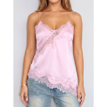 Asymmetrical Lace V-Neck Spaghetti Strap Resort Crop Satin Top