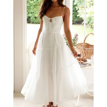Relaxed Tie Neck Smocked Back Resort Crochet Tiered Midi Sundress