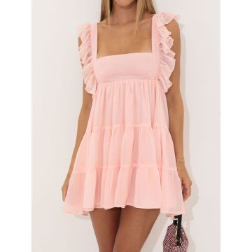 Playful Ruffled Square Neck Tie Back Resort Tiered Babydoll Mini Dr…