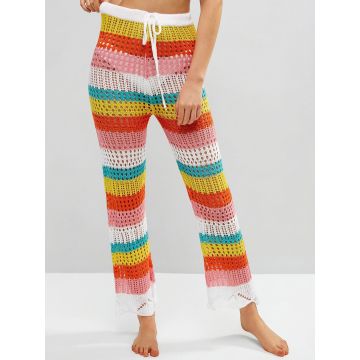 Rainbow Striped Tie High Waist Beach Crochet Knit Cover-Up Pants