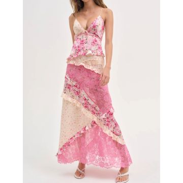 Resort Pleated V-Neck Ruffle Floral Patchwork Lace Slip Maxi Dress
