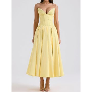 Flattering Bustier Strapless Corset Fit Flare Resort Pleated Midi D…