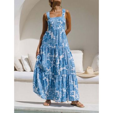 Relaxed Floral Square Neck Pocket Resort Tiered Maxi Sundress