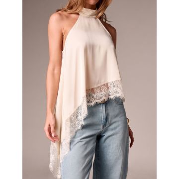 Asymmetrical Scalloped Lace Resort High Neck Silky Satin Top