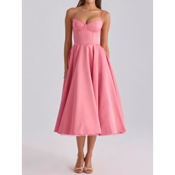Elegant Sweetheart Fit Flare Tulle Layer Resort Satin Slip Midi Dre…