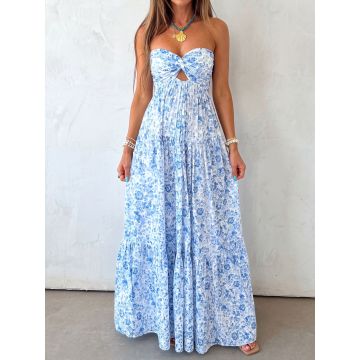 Relaxed Floral Twisted Strapless Empire Waist Resort Babydoll Maxi…