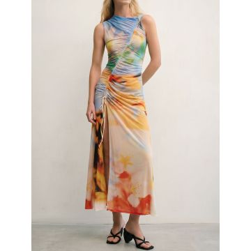 Watercolor Floral Crew Neck Ruched Tie High Slit Sleeveless Maxi Dr…