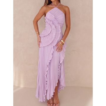 Asymmetrical Ruffle High Neck Resort Chiffon Pleated Midi Dress