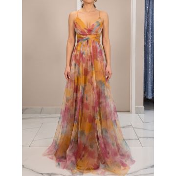 Flowy V-Neck Watercolor Floral Mesh Sleeveless Wrap Cutout Maxi Dre…