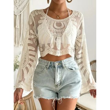 Relaxed Scalloped Crew Neck Embroidered Lace Beach Crop Cover-Up