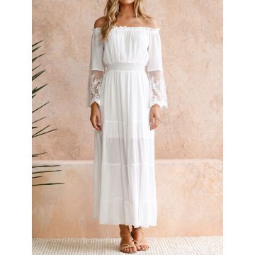 Breezy Off Shoulder Lace Bell Sleeve Resort Tiered Maxi Dress