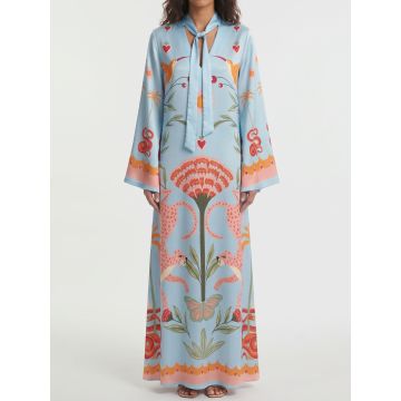Tropical Palm Tie Neck Wide Sleeve Resort Slit Satin Kaftan Maxi Dr…