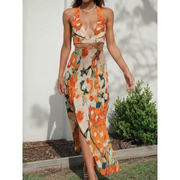 Vibrant Floral Deep V Halter O Ring Tie Back Resort Cutout Midi Dre…