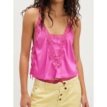Vintage Floral Lace Tie Side Slit Resort Crop Cami Satin Top