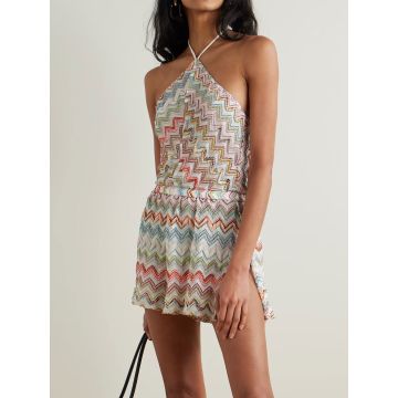 Vibrant Zigzag Jacquard Smocked Waist Resort Split Halter Romper