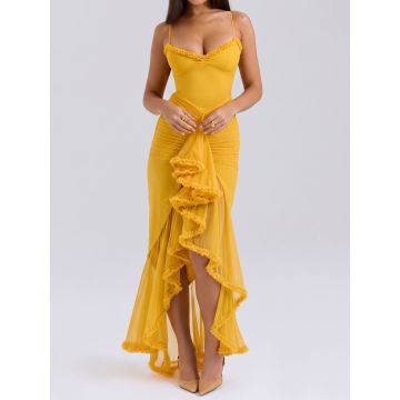 Flowy Ruffle Sweetheart Ruched Mesh Resort Sleeveless High Low Dress
