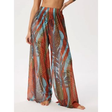 Tropical Printed Ruched High Waist Resort Wide Leg Pants
