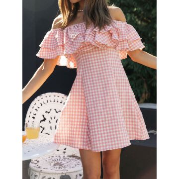 Playful Layered Ruffle Off Shoulder a Line Resort Gingham Mini Dress