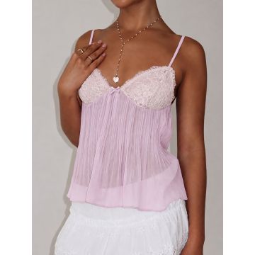 Playful Lace V-Neck Bow Plisse Babydoll Resort Spaghetti Crop Top