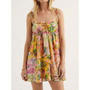 Relaxed Floral Tie Shoulder Resort Chiffon Babydoll Mini Dress