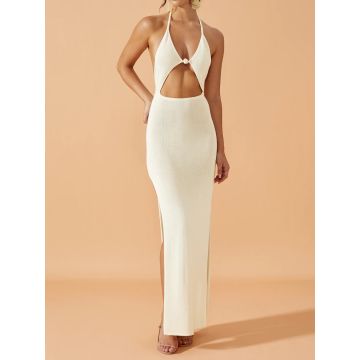 Flattering Backless Beaded Halter Tie Cutout Resort Split Knit Maxi…