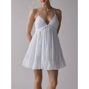 Flattering V-Neck Eyelet Floral Tiered Babydoll Resort Slip Mini Dr…