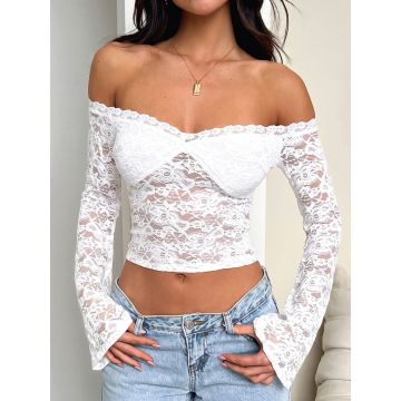 Flattering Off Shoulder Bandeau Layer Long Sleeve Resort Crop Lace…