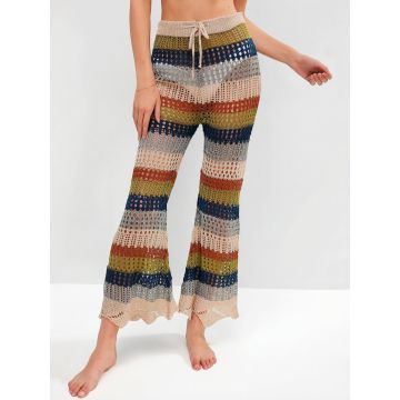 Sunset Striped Tie Waist Flare Leg Beach Crochet Knit Cover-Up Pants
