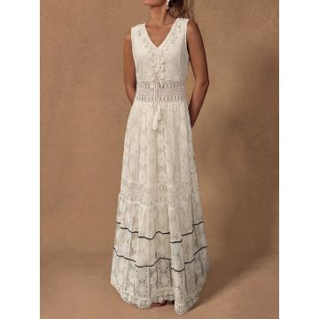 Relaxed Fringe V-Neck Crochet Floral Lace Resort Sleeveless Maxi Dr…