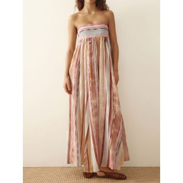Relaxed Strapless Empire Waist Smocked Back Resort Striped Maxi Dre…