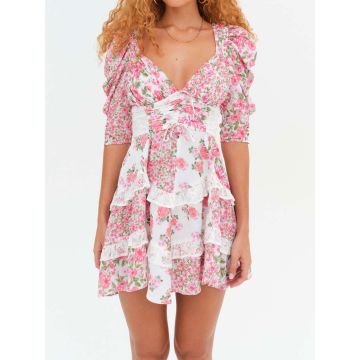 Resort Floral Pleated V-Neck Lace Ruffle Tiered Puff Sleeve Mini Dr…