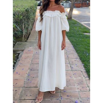 Breezy Ruffle Off Shoulder Oversized Resort Lined Cotton Midi Dress