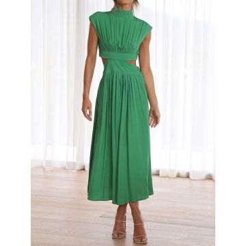 Breezy High Neck Cap Sleeve Summer Resort Ruched Cutout Maxi Dress